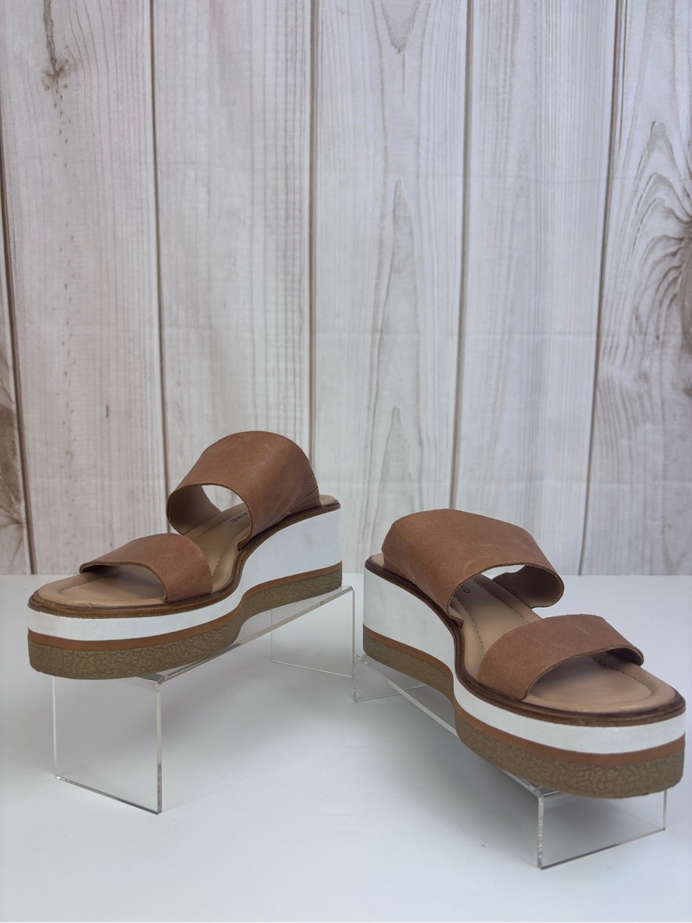 Lucky Brand Leather Platform Slide Sandals Double Strap Wedge Shoes Brown Size 7 - Picture 4 of 16